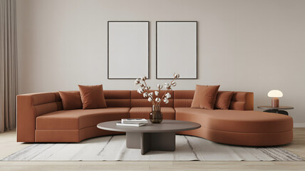 Modern living room with curved rust sofa and contemporary coffee table design