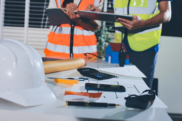 Closeup of team of industrial engineers meeting analyze machinery blueprints consult project on table in manufacturing factory. Working in manufacturing plant or production plant.