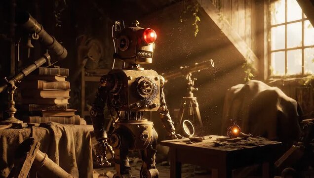 forgotten steampunk robot in old dusty attic workshop