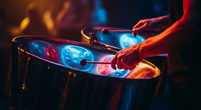 Vibrant close-up of a musician playing a Caribbean steelpan drum at a live concert with colorful stage lights reflecting on the instrument