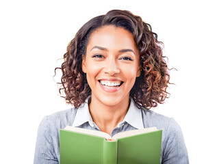 Fototapeta premium A happy young woman in casual clothes smiles while holding books and a folder, ready for success in her education