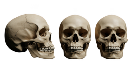 Three human skulls in different views isolated on transparent background