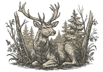 Deer Resting In Forest Illustration With Antlers And Trees Isolated On Transparent Background