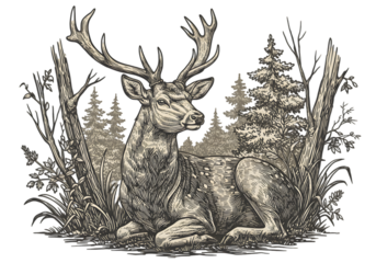 Deer Resting In Forest Illustration With Antlers And Trees Isolated On Transparent Background