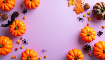 Top view photo of Halloween decorations with pumpkins and candies on violet background.