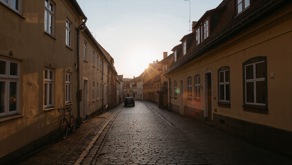 Fototapeta premium Charming Street View at Sunset in a Quaint Neighborhood