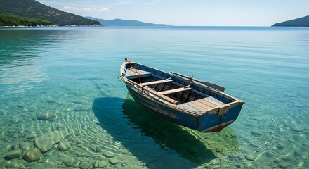 Obraz premium Tranquil Blue Boat Floating in Crystal Clear Waters with Rocky Seabed