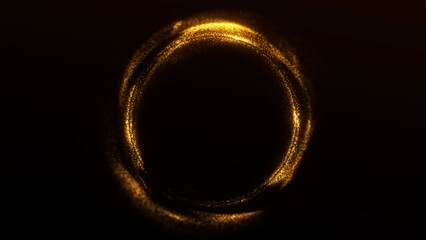 Golden glowing particle ring on dark background. Futuristic abstract circle with sparkling dust flow for cosmic, sci-fi and luxury digital visuals.