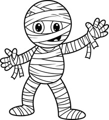Cute cartoon mummy character illustration, wrapped in bandages, Halloween coloring page for kids, spooky fun, vector black outline
