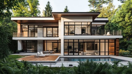 Modern house exterior pool view