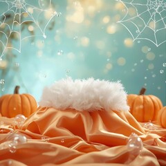 A stylish Halloween-themed mockup background designed for product display. The base is draped with smooth satin fabric, layered with soft white feathers, 