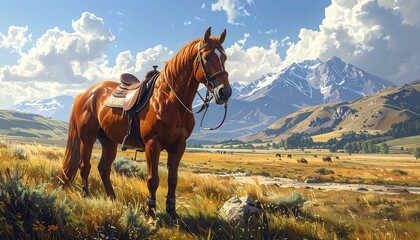 A majestic brown horse stands serenely in a sun-drenched meadow, overlooking a vast valley and snow-capped mountains.  The warm colors and serene atmosphere create a tranquil and picturesque scene.