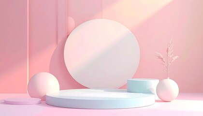Fototapeta premium A soft, pastel pink and light blue minimalist scene features geometric shapes and a delicate plant, creating a serene and inviting aesthetic.