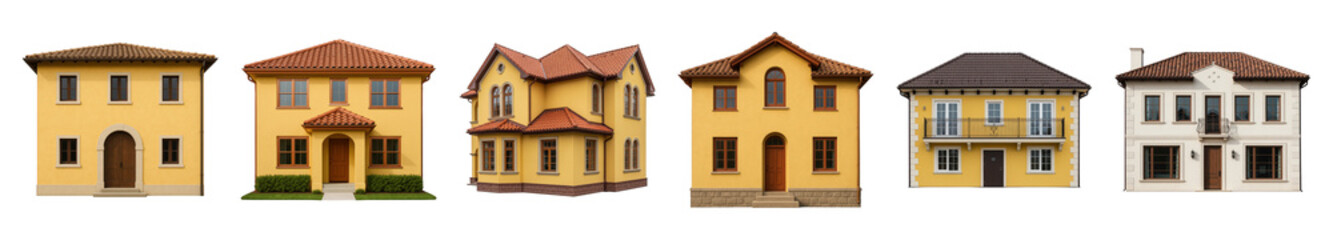 Fototapeta premium Yellow and cream house set including diverse architectural styles, facades, and roof types isolated. Real estate and property design collection.