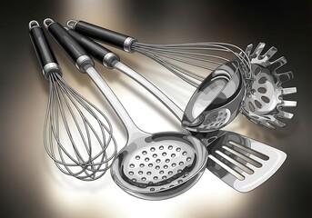 A collection of various kitchen utensils gleaming in a stylish arrangement