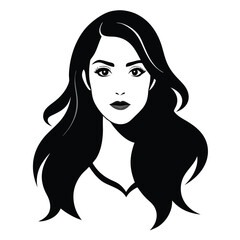 Black and White Vector Illustration of Woman with Long Wavy Hair Portrait