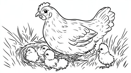 Naklejka premium Hen and chicks in nest illustration
