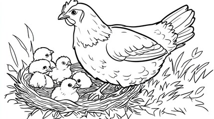 Mother hen with chicks in nest