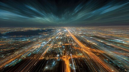 Aerial view of vibrant modern city at night with dynamic light trails from long exposure photography, showcasing bustling urban landscape, skyscrapers, illuminated roads