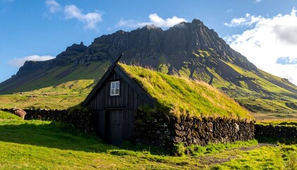 A traditional turf-roofed building nestled in a verdant valley, bathed in sunlight against a backdrop of dramatic volcanic mountains.