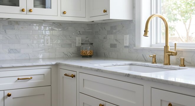 Elegant white kitchen interior with marble countertops, a gold faucet, and classic shaker-style cabinets