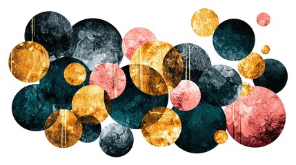 Abstract circles composition in gold teal gray and rose