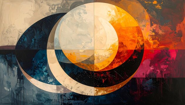 A dynamic composition of overlapping circles and arcs in rich, contrasting hues creates a captivating abstract piece.