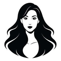 Elegant Woman with Flowing Dark Hair, Black and White Illustration, Minimalist Style