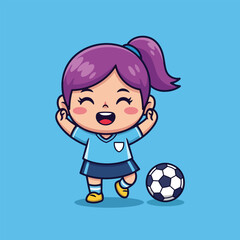 Happy cartoon girl with purple hair in a soccer uniform celebrating next to a soccer ball on a blue background, depicting joy and sport.