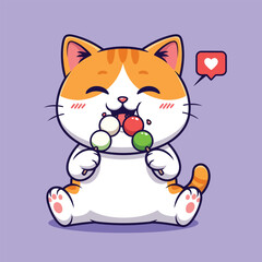 Cute cartoon cat happily eating colorful dango dessert with a heart-shaped notification.