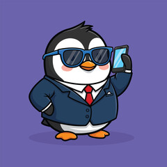 A cute cartoon penguin wearing a suit and sunglasses, holding a smartphone to its ear, against a purple background.