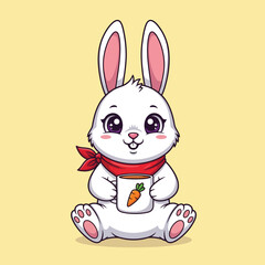 Cute cartoon white rabbit wearing a red bandana and holding a mug with a carrot design on a yellow background.
