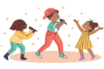 Joyful Kids' Concert Illustration with Microphones, Music, and Celebration
