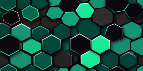 A seamless green hexagon grid pattern creates a honeycomb-like geometric background with a metal texture