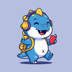 A cheerful blue dinosaur with headphones and a backpack, reading a book while walking.