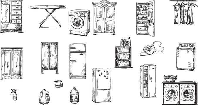 Hand-Drawn Home Appliances and Furniture Vector Art.