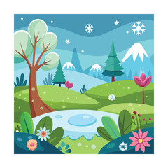Naklejka premium Cartoon Frosty Meadow with Snowflakes Scene