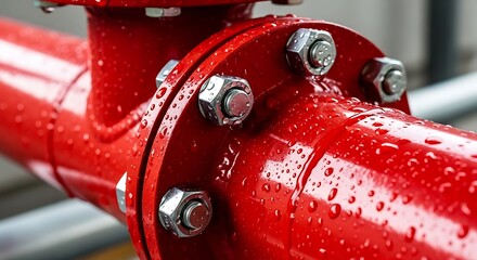 Wet Red Industrial Pipe with Shiny Bolts and Water Droplets Close-Up