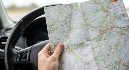 Man holding a physical paper map inside a car. Navigation and travel planning for road trips. Driving direction guidance.