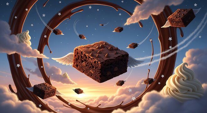 Whimsical brownie flight through a chocolate swirl sky at sunset, with clouds and stars