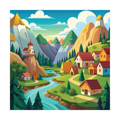 Obraz premium Cartoon Mountain Village in Valley
