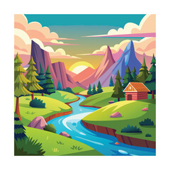 Obraz premium Cartoon Peaceful Valley with River and Trees