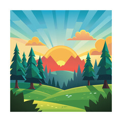 Obraz premium Cartoon Sunrise Over Forest Glade Design