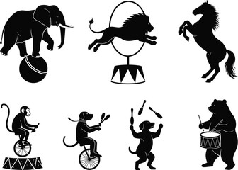 Circus animal silhouette vector set, elephant on ball, lion jumping hoop, monkey unicycle, dog juggling, bear drumming, horse rearing pose © Farzana