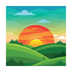 Fototapeta premium Cartoon Sunset Sky Over Green Hills Scene