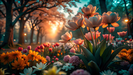 Pastel tulips blooming in sunlit park garden flowers spring