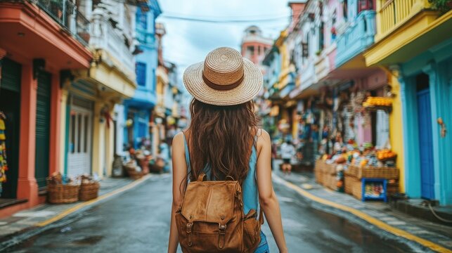 Woman walking colorful street market, vibrant buildings, travel destination