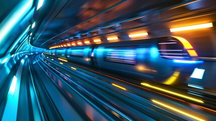 Futuristic high speed train racing through a luminous tunnel of innovation