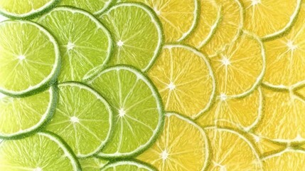 Fototapeta premium fresh juicy lemon and lime slices such as background,Vibrant composition of lemon slices arranged in two contrasting halves,still life food design