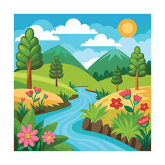 Fototapeta premium Cartoon Riverbank with Flowers Background